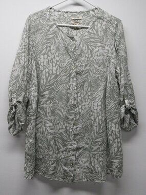 Christian Siriano Women's 1X 100% Linen Top Blouse Tunic Roll-Tab Sleeve Resort